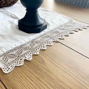 Vintage Antique White Linen Table Runner Lace 46” Cottagecore Rustic Farmhouse